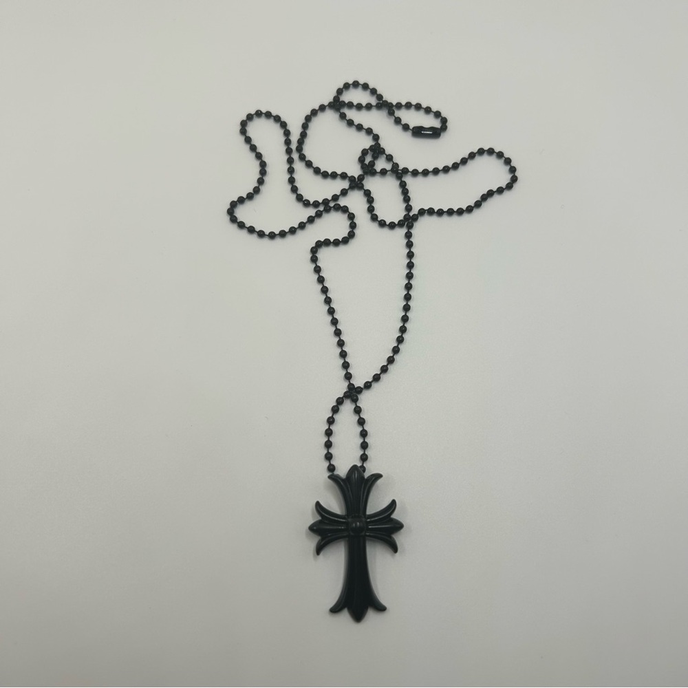 Chrome Style Cross Necklace Chain Adjustable Rare Beaded Black Pendant 24 Inch